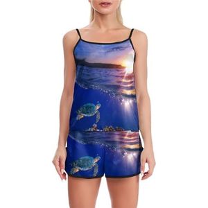 Zeeschildpad Zwemmen over Coral Reef Grappige Pyjama Set Voor Vrouwen Verstelbare Tank Top En Shorts Homewear Gedrukt