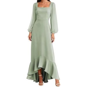 AHERKLL Bruidsmeisjesjurken met lange mouwen voor bruiloft chiffon formele avondfeest maxi-jurk hoog laag HAH052, Salie, 32