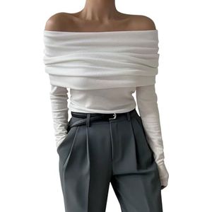 Dames Off The Shoulder Sweater Wrap Drop Shoulder Lange Mouw Losse Pullover Truien Herfst Casual Gebreide Jumper Tops(White,S)