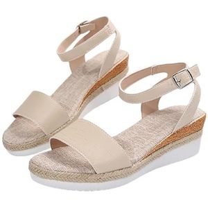 Zomersandalen 2024 Met Espadrille Sleehak, Damessandalen Met Peeptoe En Gesp Retro Romeinse Sandalen Met Platform Elegante PU-leren Hoge Hakken Vrijetijdsstrandschoenen (Color : Khaki, Size : 39 EU