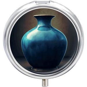Ronde pillendoos, blauwe vaas, reis-pillendoos, 23 vakken, medicijnen, metaal, tablettenhouder, vitamine-houder voor portemonnee, tas