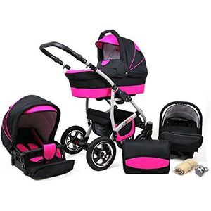 Kinderwagen 3 in 1 complete set met autostoeltje Isofix babybad babydrager Buggy Larmax van ChillyKids black & pink 2in1 zonder autostoel