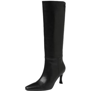 CUTEHEELS Dames sexy slip-on kniehoge slouch boots van rundleer met kitten hakken en vierkante kant, zwart, 37 EU