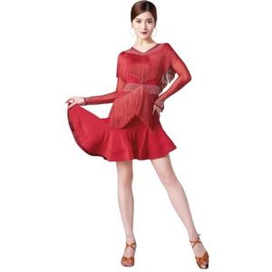 Tytyozay Vrouwen franje Latijns-Amerikaanse dansjurk, elegante zwarte performance-outfit met lange mouwen mode V-hals met strass-steentjes voor wedstrijdbalzaal Rumba Samba Tango,Rood,L