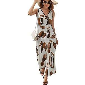 Leuke rode panda Maxi lange jurk voor dames, V-hals, mouwloos, tank, zonnejurk, zomer