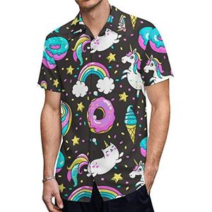 Kleurrijke Eenhoorn En Donuts Heren Korte Mouw Shirts Casual Button-down Tops T-shirts Hawaiiaanse Strand Tees M