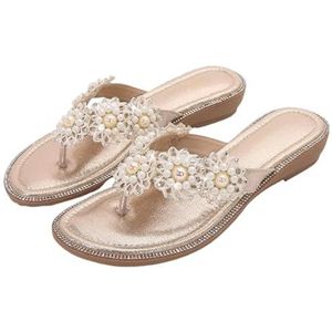 Xytraiihw Dames sandalen met clip, modieuze casual slippers met parelmoeren en strass steentje zomerse platte sandalen grote maten comfortabele strandschoenen voor bruiloften,Goud,36 EU