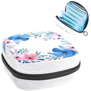 Draagbare maandverband Opbergtas, Menstruatiecup Pouch Vrouwelijke Menstruatie Pads Tas voor Tiener Meisjes, Tampons Eerste Periode Kit, Aquarel Blauw en Roze Bloemen Border