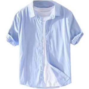 Heren zomer mode shirt heren eenvoudige casual korte mouw effen blouses heren basic ademend dun shirt, Hemelsblauw, M