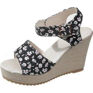 10 Cm Sleehak Sandalen Elegante Damessandalen Met Bloemmotief 2024 Nieuwe Hoge Hakken Sandalen Met Gesp Vintage Platform Sleehak Pantoffels Zomer Peep Toe Strandschoenen(Black,40 EU)