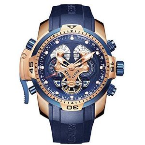 Reef Tiger Mannen Militaire Horloges Rose Goud Ingewikkeld Blauwe Wijzerplaat Horloge Automatische Sport Horloges RGA3503, Rga3503-plbb, riem