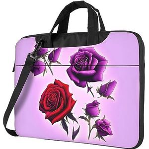 Rode en paarse rozen zakelijke laptoptas, lichtgewicht meerlaags ontwerp, perfecte bescherming voor uw computer, ritsontwerp, schokbestendige voering, 35 cm, Zwart, 14 inch
