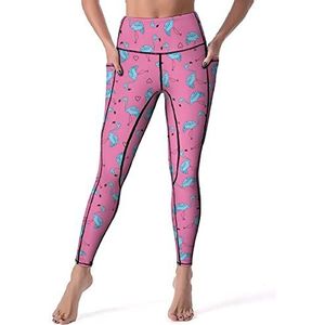 Pink Love Flamingo dames yogabroek hoge taille legging buikcontrole workout running legging M