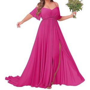 Off-shoulder bruidsmeisjes jurken met mouw - chiffon grote maten formele jurk, roze (hot pink), 50 grote maten