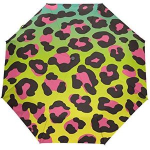 Roze luipaardprint automatische opvouwbare paraplu UV-bescherming automatisch open sluiten vouwen winddicht zonblokkering voor reizen strand vrouwen kinderen