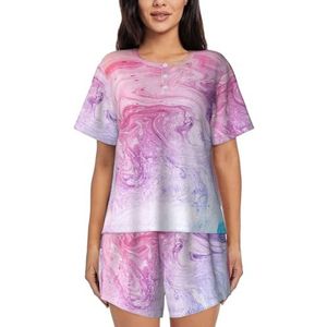 YQxwJL Kleurrijke Marmer Pastel Roze Blauw Paars Print Vrouwen Pyjama Sets Shorts Korte Mouw Lounge Sets Nachtkleding Casual Pjs Met Zakken, Zwart, XL