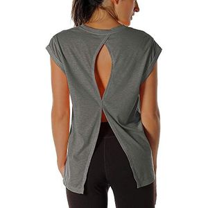 Icyzone Damestop, fitness, workout, sport-T-shirt met korte mouwen, yoga-top, losse pasvorm, open rug, antraciet, L