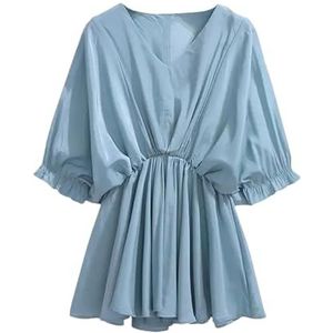 Dvbfufv Dames effen kleur all-match blouses vrouwen zomer mode casual V-hals korte mouw ruches shirt, Blauw, XS