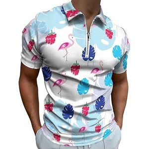 Flamingo's And Strawberries Poloshirt voor heren, golfshirt met rits, T-shirt met korte mouwen, casual T-shirt, spiertops, M