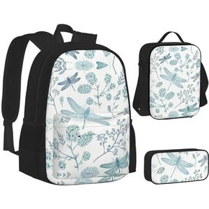 SUHNGE Schattige Schnauzer Print Rugzak School Boekentassen Set Lunch Tas Etui School Rugzakken Meisjes Jongens, libelle, Eén maat