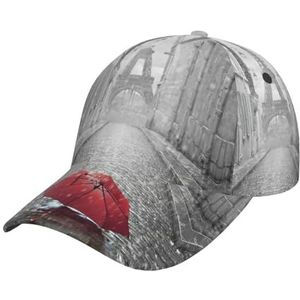 Geit baseballpet snapback hoed voor mannen en vrouwen met verstelbare hoofdband, platte snavel hoeden, Eiffel Tower Parijs Street Rode Paraplu, Eén Maat