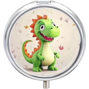 Draagbare ronde metalen pillendoos met schattige dinosaurusprint, drie vakken voor zak of handtas