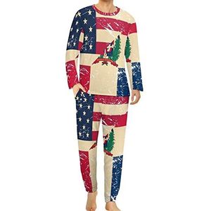Amerikaanse en Dominicaanse retro vlag comfortabele heren pyjama set ronde hals lange mouwen loungewear met zakken 3XL