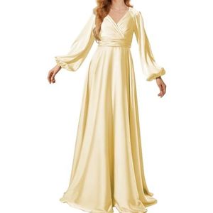 Prinses Bruidsmeisje Jurken Lange Mouw Galajurken V-hals Satijn Formele Avondfeest Maxi Jurk ZM199, Geel, 32