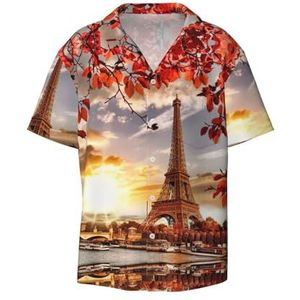 TyEdee Paris Tower met herfstbladeren print heren korte mouwen overhemden met zak casual button down shirts business shirt, Zwart, XL