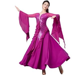 Yhsgscr Professionele Ballroom Wedstrijdjurken Flamenco Foxtrot Dansjurken voor Dames Nationale Standaard Grote Swingrok Wals Moderne Danskleding,Purper,3XL