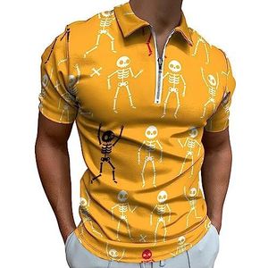 Poloshirt met grappig skeletpatroon voor mannen, casual T-shirts met ritssluiting en kraag, golftops, slim fit