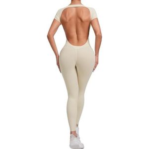 Sexy yoga-set, blote rug, eendelig, romper voor dames, sneldrogende yogakleding, trainingsbodysuit, uitlopend sportpak voor dames (beige, L)