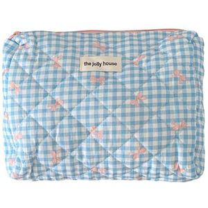 Geruite schattige cosmetische tas met rits make-up organizer opbergtas katoen gewatteerde cosmetische organizer tas voor vrouwen en meisjes, Lichtblauw, M, esthetische/bloemen