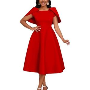 2024 Vrouwen Elegante Mantel Mouw Party Cocktailjurk Ronde Hals Solid Hoge Taille A-lijn Flowy Grote Swing Midi Jurk(Color:Red,Size:XL)