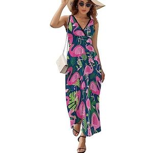 Palmbladeren Flamingo Maxi Jurk voor Vrouwen Mouwloze Lange Zomer Jurken Strandjurken A-lijn L