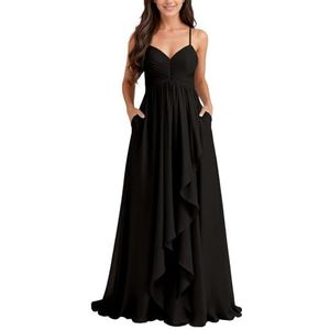 KURFACE Chiffon bruidsmeisjesjurk met split geplooide A-lijn bruidsmeisje formele avondjurk, Zwart, 34