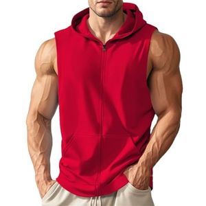 Heren zomer sport fitness training rits capuchon mouwloos vest los ademend T-shirt, Rood, S