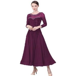 Standaard Ballroomdansjurken Voor Vrouwen Flueel Flamenco Wals Prestatie Danskleding Mesh Splice Lange Mouw Tango Foxtrot Kostuum Een Lijnrok,Purper,3XL