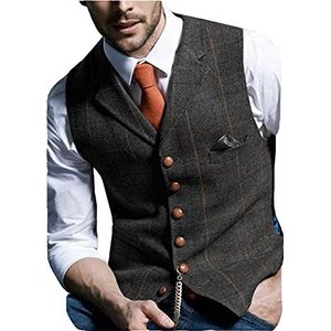 Heren Retro Jurk Pak Vest Geruite Wollen Vest Casual gilet Tweed Visgraat Voor Tuxedos(Medium, zwart)