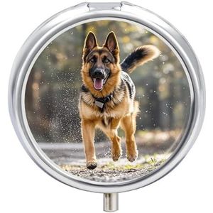 Running Duitse Herder Hond Pillendoos Waterdichte Draagbare Geneeskunde Pil Case Vochtbestendig Metalen Reizen Pillendoos met 3 Compartimenten Medicijnkoffer