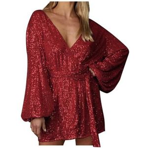 UPPJPBSW Dames Glitter Pailletten Mini Jurk - Sexy Diep V-Hals Lantaarnmouw Taille Met Ceintuur Avondfeest Cocktailjurk,Rood,3XL