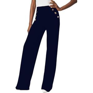 KIKIATA Freelady Buikcontrole Knop Brede Pijpen, Dames Elegante Broek Business Casual Hoge Taille Wijde Pijpen Broek Werk Kantoor Pull On Stretch Broek, Blauw, one size