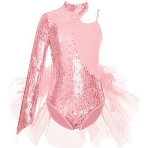 Gymnastiekpak voor kinderen, glanzende pailletten, tule rok, tutu, balletshirt, kinderen, asymmetrische mouwen, gymnastiekbody, danspak, skaterpak voor meisjes van 6 tot 16 jaar (roze, 12)