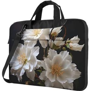 VTCTOASY Witte Bloemen Print Laptop Schoudertas Met Schouderriem Aktetas Slanke Computer Tas Voor Vrouwen Mannen, Zwart, 13 inch