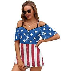 Retro Amerikaanse Vlag Vrouwen Blouse Koude Schouder Korte Mouw Jurk Tops T-shirts Casual Tee Shirt 2XL