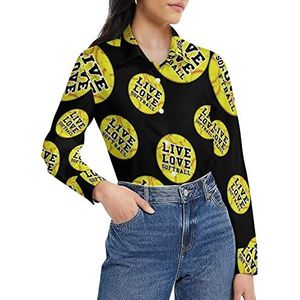 Live Love Softballs damesshirt met lange mouwen, button-down blouse, casual werkshirts, tops, XL