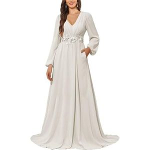 KURFACE Bruidsmeisjesjurk met lange mouwen en zakken, kanten applicatie, chiffon, moederjurk van de bruid, Ivoor, 34