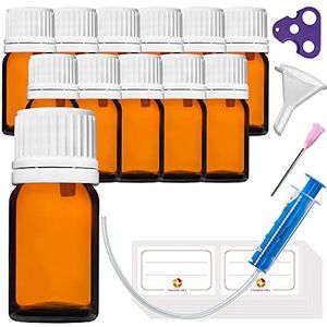 HandsUnity 5ml-12st Druppelaar Inzet Flesje -Klein Amber Glazen Flesje Apothekersglas met Witte Druppelaar Inzetdop van Bruin Glas set inclusief 30 hulp Accessoires