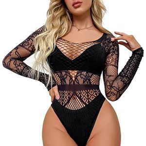 Bommi Fairy Sexy bodysuit voor dames, doorschijnend mesh, lange mouwen, blouse, top, overall, bodysuit met ronde hals, elegante jumpsuit, zwart 3, One size