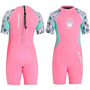 NATYFLY Neopreenpak kinderen 2,5 mm neopreen thermisch badpak jongens meisjes lange / korte mouwen duikpak achterkant ritssluiting eendelige badkleding (9. Nieuw roze-2/korte mouwen, 3-4 jaar)